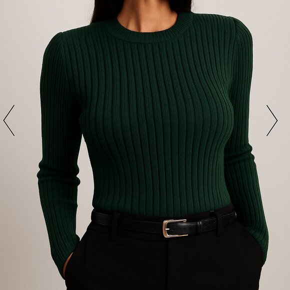 VTG Dk Green Teal Ribbed Knit Silk Pull Over Sweater Top Petite L Dark Academia - Picture 1 of 5